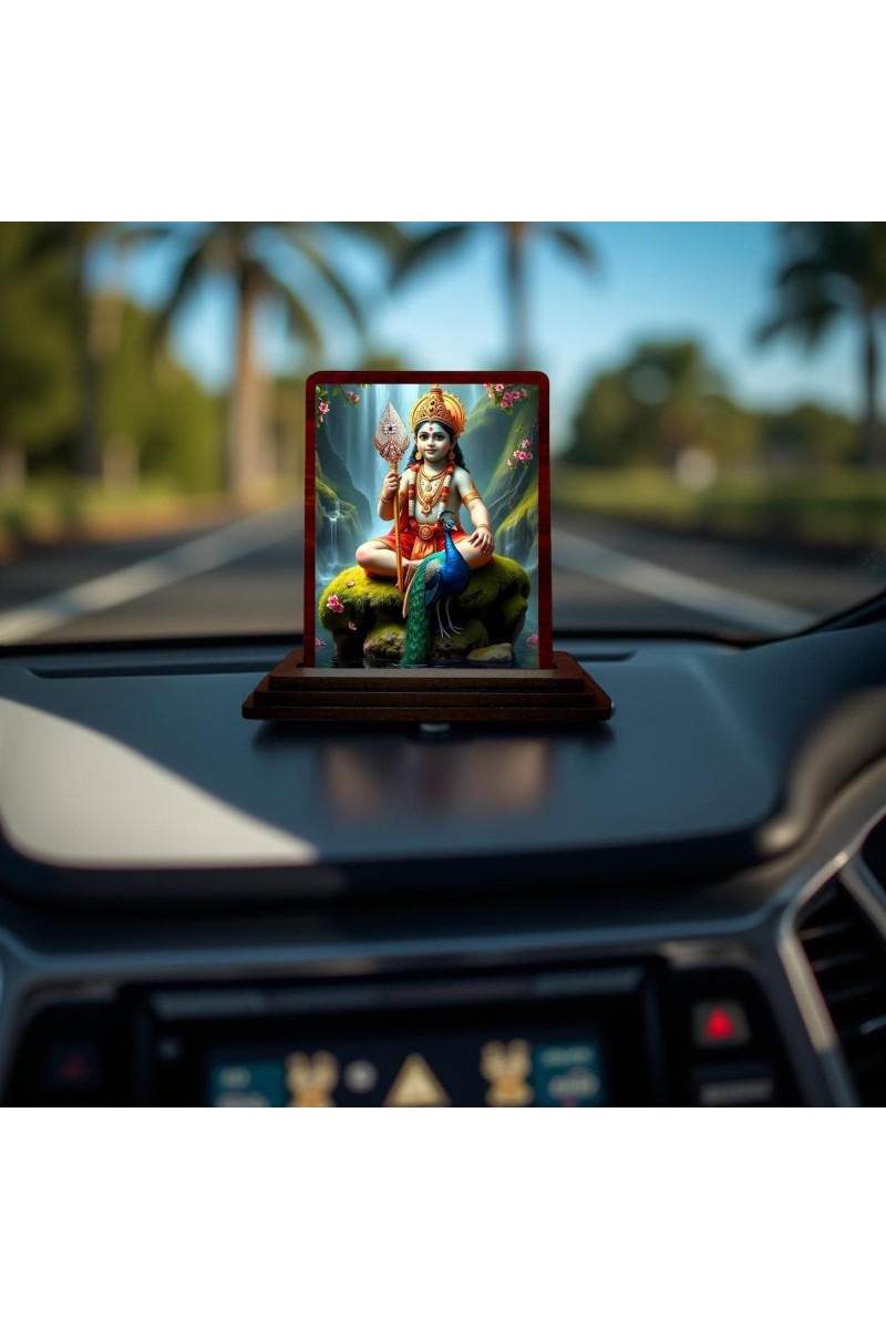 Car Desk/Table Top Lord Karthikeya Wooden Photo Stand 3x4 Inches, Compact & Stylish Spiritual Display For Car, Home & Office (Pack Of 1) (F14317)