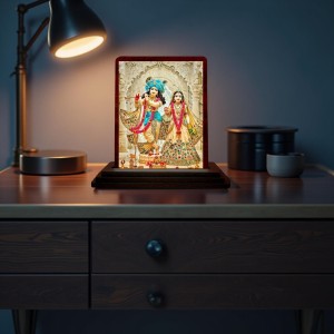 Car Desk/Table Top Radha Krishna Wooden Photo Stand 3x4 Inches, Compact & Stylish Spiritual Display For Car, Home & Office (Pack Of 1) (F14221)