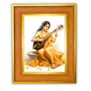 Goddess Saraswati Photo Frame 10x14 Inches-Brown Wooden Frame For Home, Office & Temple Decoration And Gifting (F6483)