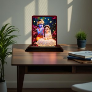 Car Desk/Table Top Radha Krishna Wooden Photo Stand 3x4 Inches, Compact & Stylish Spiritual Display For Car, Home & Office (Pack Of 1) (F14389)