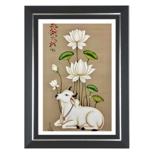 Cow And Lotus Flowers Photo Wall & Table Frame | 10x14 Inch Black Designer | Perfect For Gifting & Home Decor (F9605)