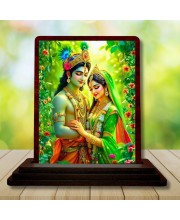 Car Desk/Table Top Radha Krishna Wooden Photo Stand 3x4 Inches, Compact & Stylish Spiritual Display For Car, Home & Office (Pack Of 1) (F14228)