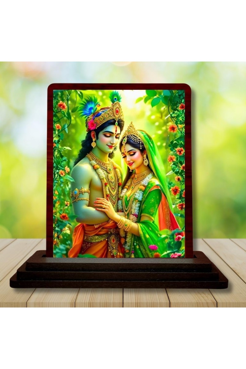 Car Desk/Table Top Radha Krishna Wooden Photo Stand 3x4 Inches, Compact & Stylish Spiritual Display For Car, Home & Office (Pack Of 1) (F14228)