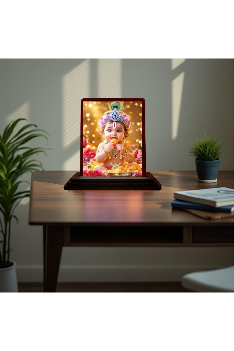 Car Desk/Table Top Bal Krishna Wooden Photo Stand 3x4 Inches, Compact & Stylish Spiritual Display For Car, Home & Office (Pack Of 1) (F14973)