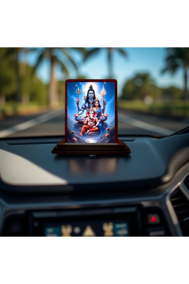 Car Desk/Table Top Lord Shiva And Parvathi And Ganesha Wooden Photo Stand 3x4 Inches, Compact & Stylish Spiritual Display For Car, Home & Office (Pack Of 1) (F14614)