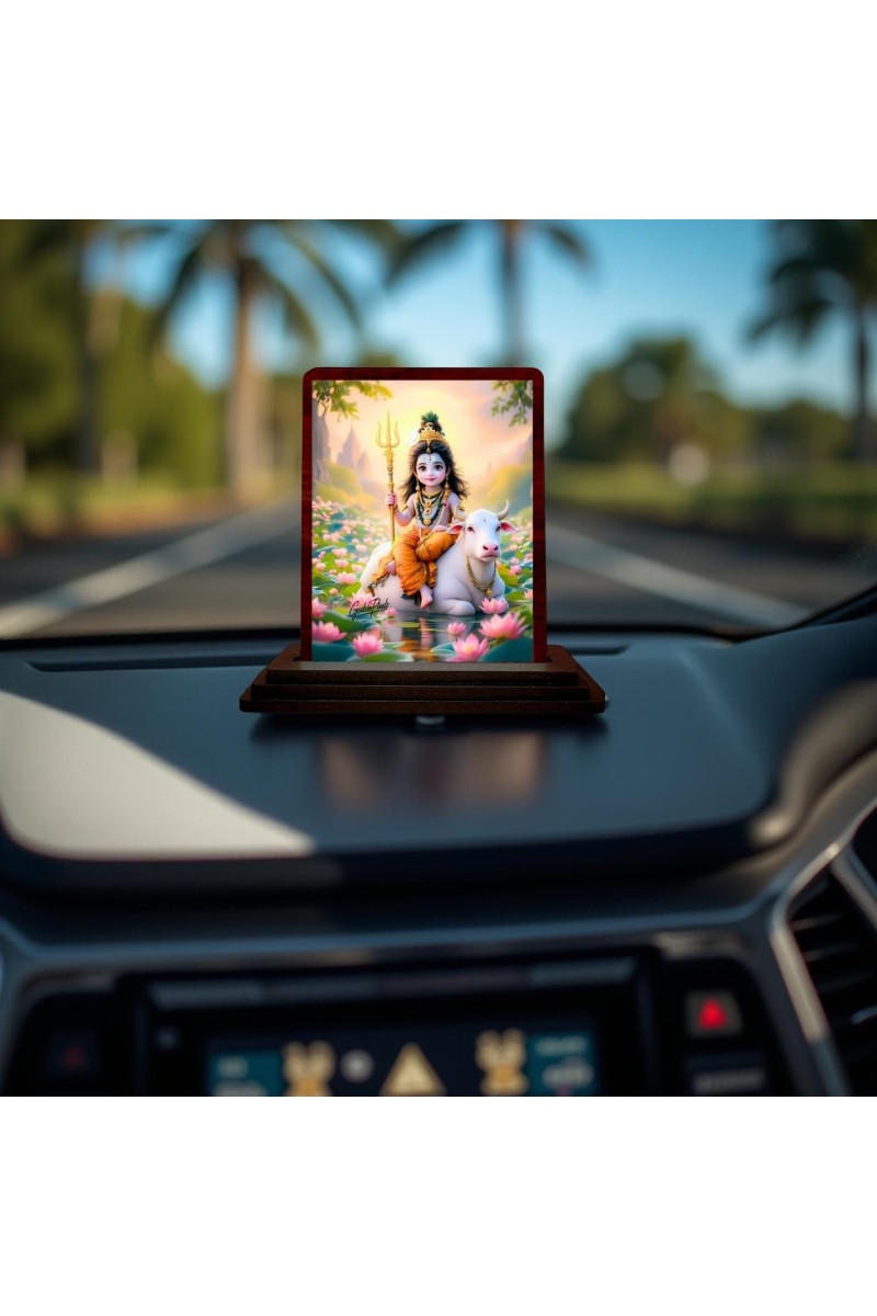 Car Desk/Table Top Lord Shiva Wooden Photo Stand 3x4 Inches, Compact & Stylish Spiritual Display For Car, Home & Office (Pack Of 1) (F14376)