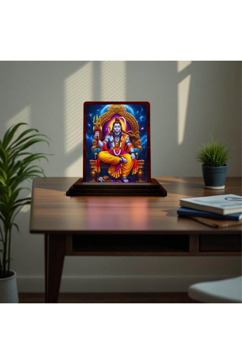 Car Desk/Table Top Lord Shiva Wooden Photo Stand 3x4 Inches, Compact & Stylish Spiritual Display For Car, Home & Office (Pack Of 1) (F15102)