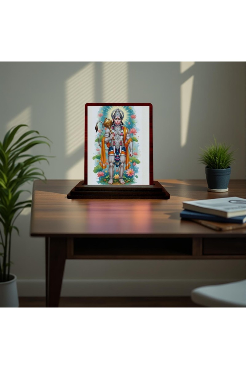 Car Desk/Table Top Lord Hanuman Wooden Photo Stand 3x4 Inches, Compact & Stylish Spiritual Display For Car, Home & Office (Pack Of 1) (F15091)
