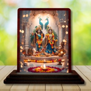 Car Desk/Table Top Radha Krishna Wooden Photo Stand 3x4 Inches, Compact & Stylish Spiritual Display For Car, Home & Office (Pack Of 1) (F14362)
