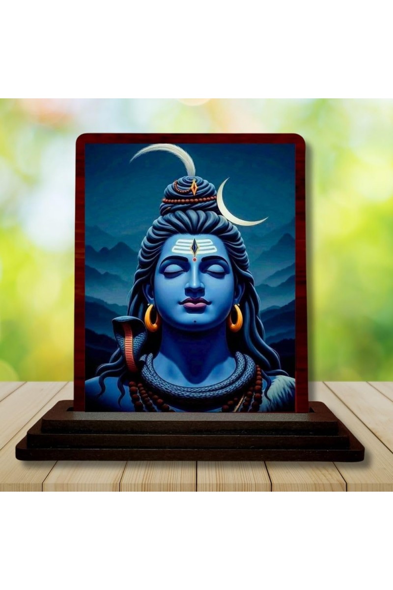 Car Desk/Table Top Lord Shiva Wooden Photo Stand 3x4 Inches, Compact & Stylish Spiritual Display For Car, Home & Office (Pack Of 1) (F14217)