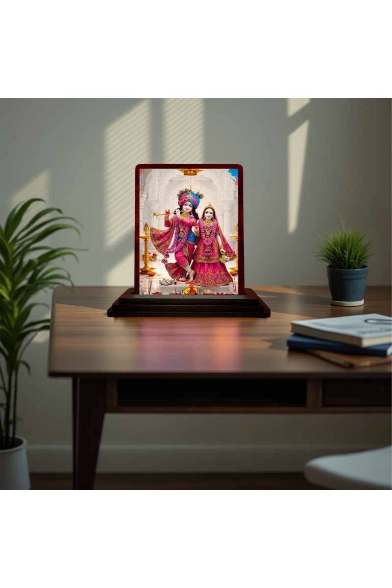 Car Desk/Table Top Lord Radha Krishna Wooden Photo Stand 3x4 Inches, Compact & Stylish Spiritual Display For Car, Home & Office (Pack Of 1) (F15123)