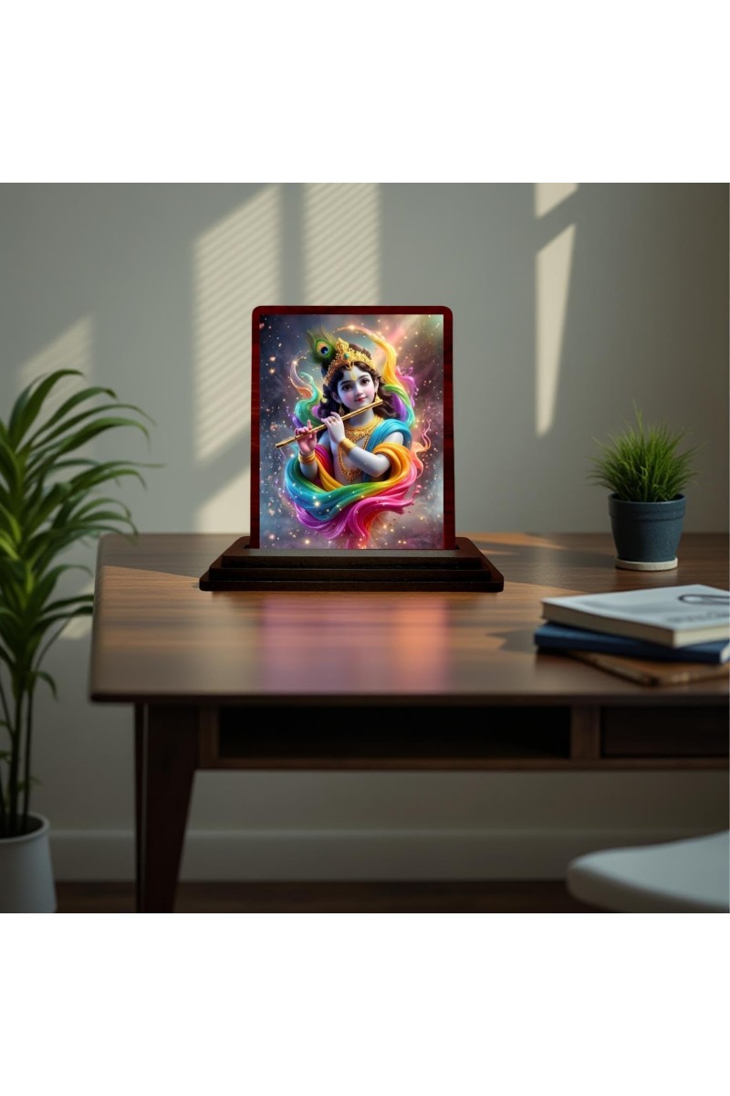 Car Desk/Table Top Lord Krishna Wooden Photo Stand 3x4 Inches, Compact & Stylish Spiritual Display For Car, Home & Office (Pack Of 1) (F15114)