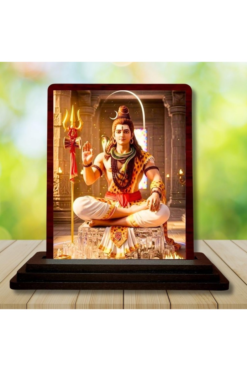 Car Desk/Table Top Lord Shiva Wooden Photo Stand 3x4 Inches, Compact & Stylish Spiritual Display For Car, Home & Office (Pack Of 1) (F14574)