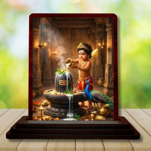 Car Desk/Table Top Lord Karthikeya With Shivalingam Wooden Photo Stand 3x4 Inches, Compact & Stylish Spiritual Display For Car, Home & Office (Pack Of 1) (F14335)