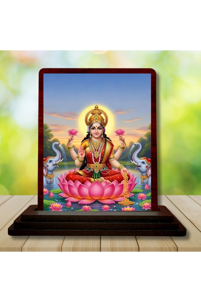 Car Desk/Table Top Maa Laxmi Wooden Photo Stand 3x4 Inches, Compact & Stylish Spiritual Display For Car, Home & Office (Pack Of 1) (F15134)