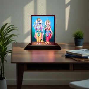 Car Desk/Table Top Lord Vishnu Lakshmi Wooden Photo Stand 3x4 Inches, Compact & Stylish Spiritual Display For Car, Home & Office (Pack Of 1) (F14559)