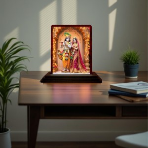 Car Desk/Table Top Lord Radha Krishna Wooden Photo Stand 3x4 Inches, Compact & Stylish Spiritual Display For Car, Home & Office (Pack Of 1) (F15118)