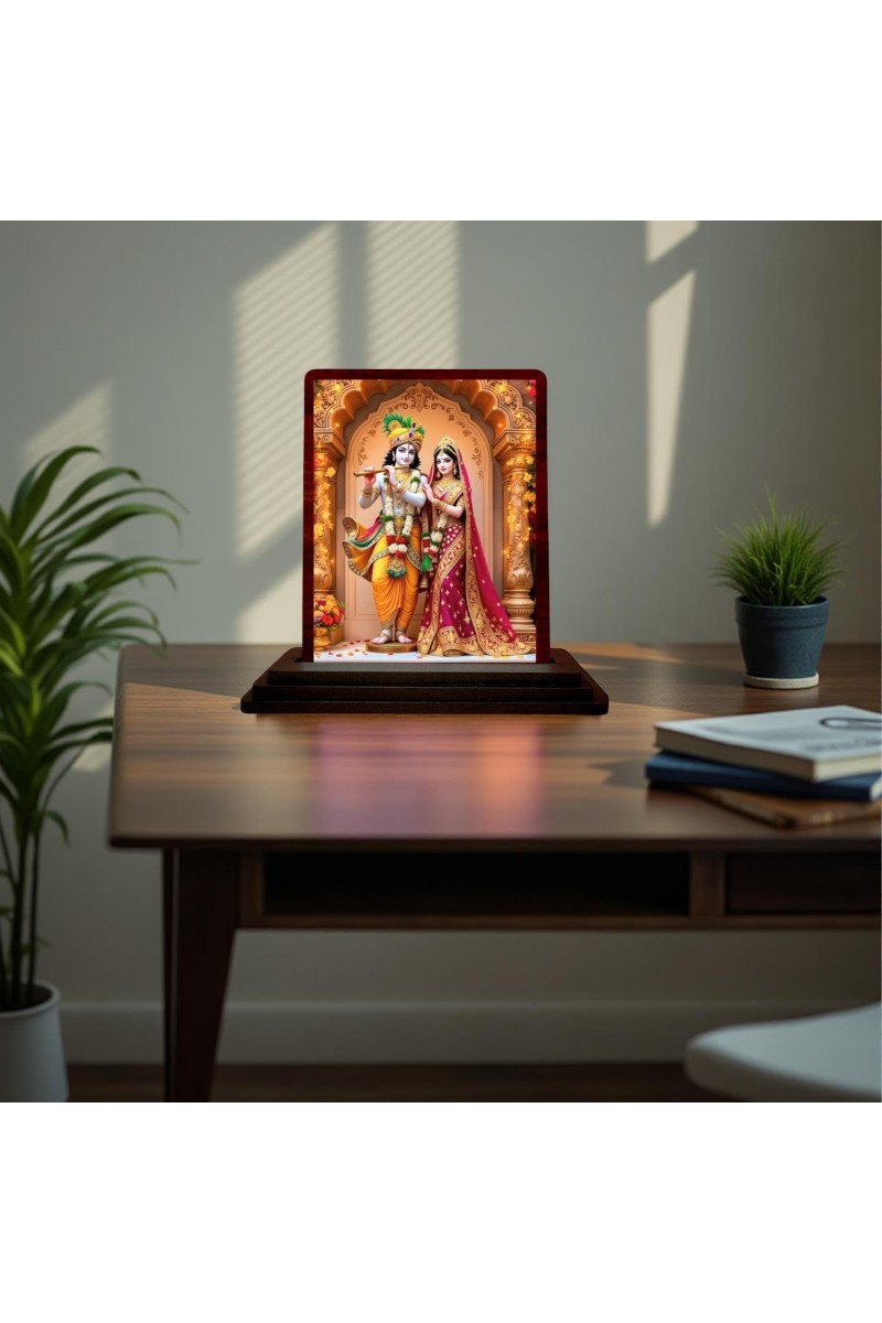Car Desk/Table Top Lord Radha Krishna Wooden Photo Stand 3x4 Inches, Compact & Stylish Spiritual Display For Car, Home & Office (Pack Of 1) (F15118)