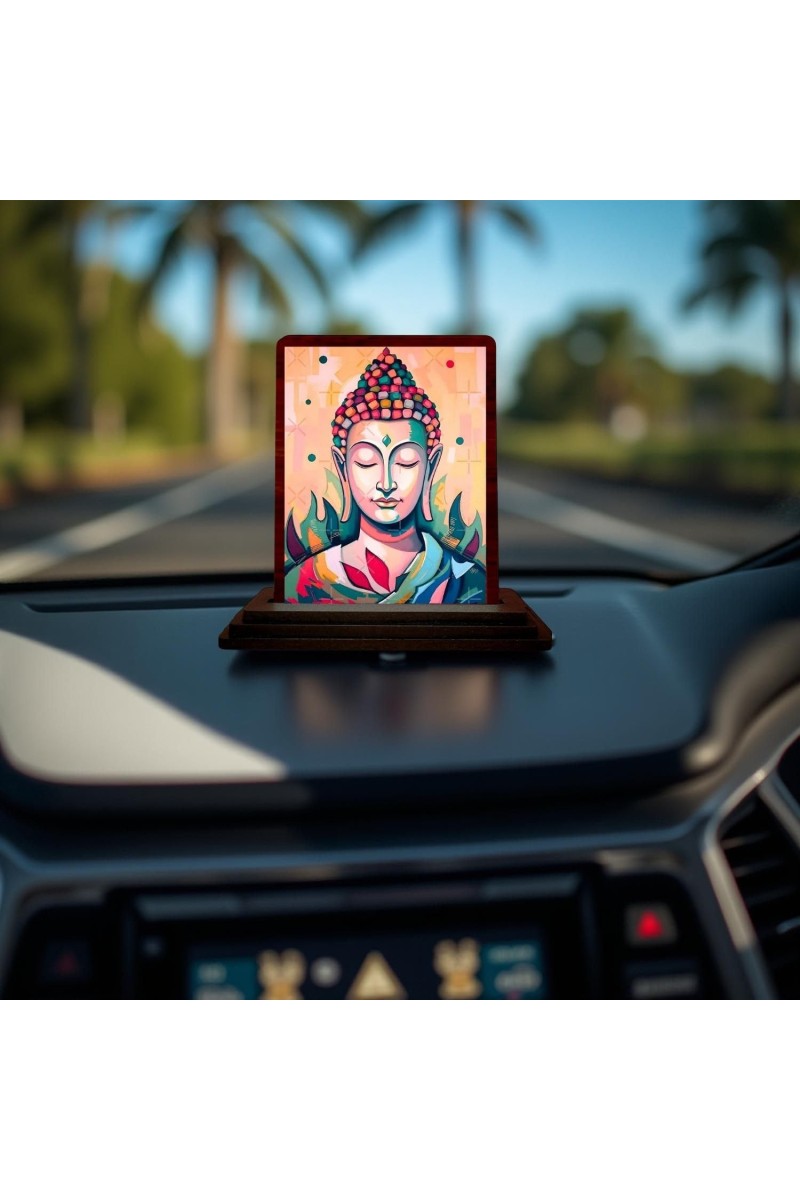 Car Desk/Table Top Meditative Buddha Wooden Photo Stand 3x4 Inches, Compact & Stylish Spiritual Display For Car, Home & Office (Pack Of 1) (F14434)