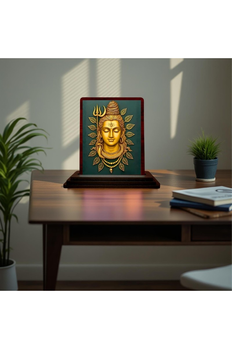 Car Desk/Table Top Lord Shiva Wooden Photo Stand 3x4 Inches, Compact & Stylish Spiritual Display For Car, Home & Office (Pack Of 1) (F15153)
