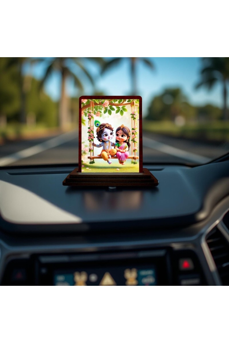 Car Desk/Table Top Little Radha Krishna Wooden Photo Stand 3x4 Inches, Compact & Stylish Spiritual Display For Car, Home & Office (Pack Of 1) (F14452)