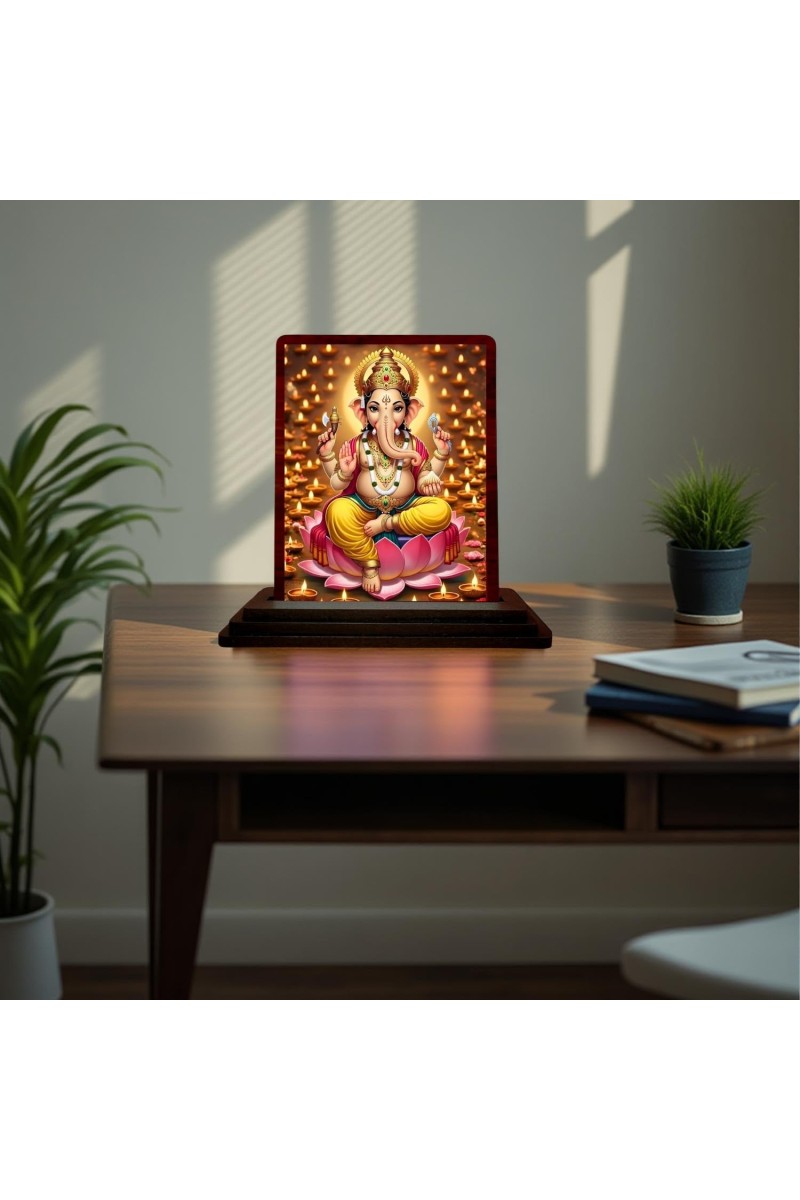 Car Desk/Table Top Lord Ganesha Wooden Photo Stand 3x4 Inches, Compact & Stylish Spiritual Display For Car, Home & Office (Pack Of 1) (F15161)
