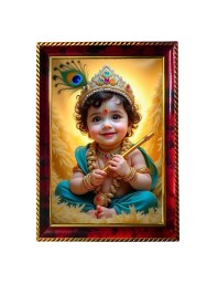 Lord Little Krishna Photo Frame For Wall & Table | 7x9 Inch Golden Cherry Finish | Decorative Lord Little Krishna Photo Frame For Home, Office & Pooja Room (F11325)