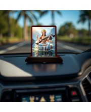 Car Desk/Table Top Lord Saraswathi Wooden Photo Stand 3x4 Inches, Compact & Stylish Spiritual Display For Car, Home & Office (Pack Of 1) (F14347)