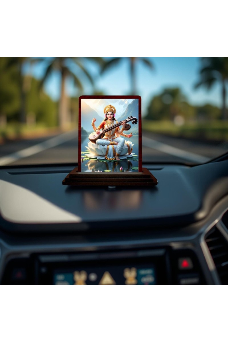Car Desk/Table Top Lord Saraswathi Wooden Photo Stand 3x4 Inches, Compact & Stylish Spiritual Display For Car, Home & Office (Pack Of 1) (F14347)