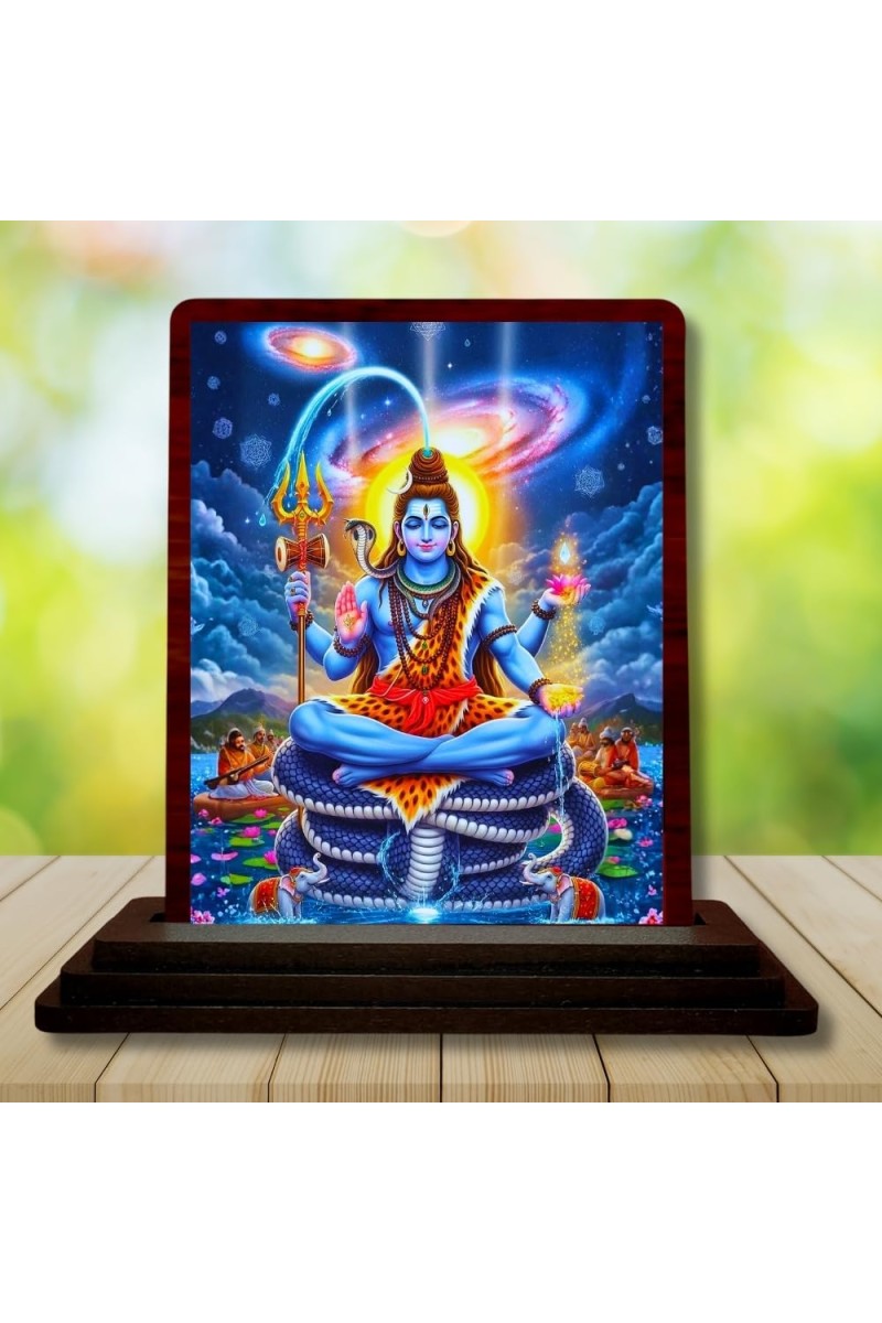 Car Desk/Table Top Lord Shiva Wooden Photo Stand 3x4 Inches, Compact & Stylish Spiritual Display For Car, Home & Office (Pack Of 1) (F15104)
