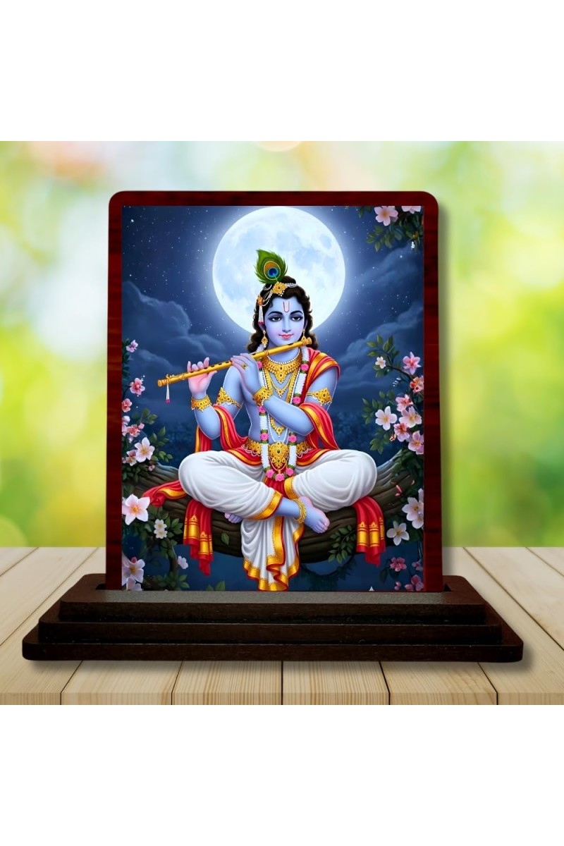 Car Desk/Table Top Lord Krishna Wooden Photo Stand 3x4 Inches, Compact & Stylish Spiritual Display For Car, Home & Office (Pack Of 1) (F15112)