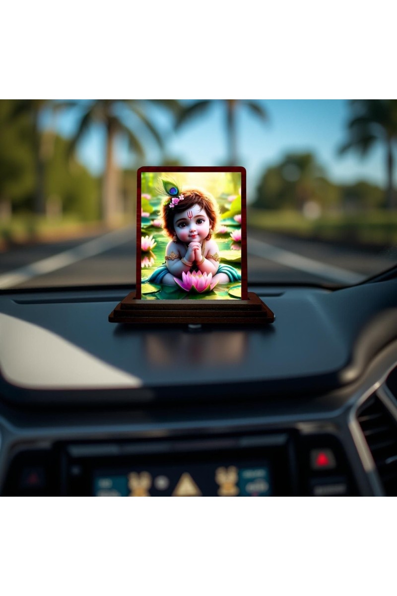 Car Desk/Table Top Lord Krishna Wooden Photo Stand 3x4 Inches, Compact & Stylish Spiritual Display For Car, Home & Office (Pack Of 1) (F14485)