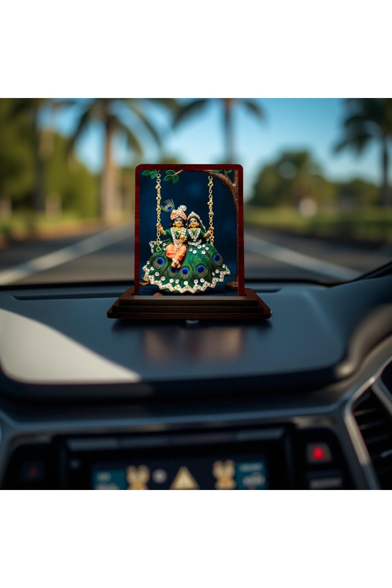 Car Desk/Table Top Radha Krishna Wooden Photo Stand 3x4 Inches, Compact & Stylish Spiritual Display For Car, Home & Office (Pack Of 1) (F14522)