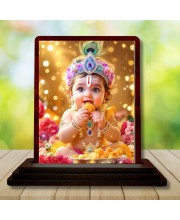 Car Desk/Table Top Lord Little Krishna Wooden Photo Stand 3x4 Inches, Compact & Stylish Spiritual Display For Car, Home & Office (Pack Of 1) (F14231)