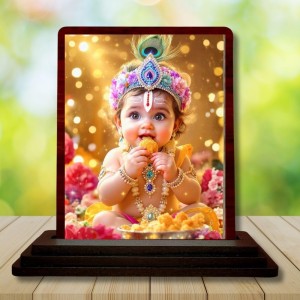 Car Desk/Table Top Lord Little Krishna Wooden Photo Stand 3x4 Inches, Compact & Stylish Spiritual Display For Car, Home & Office (Pack Of 1) (F14231)