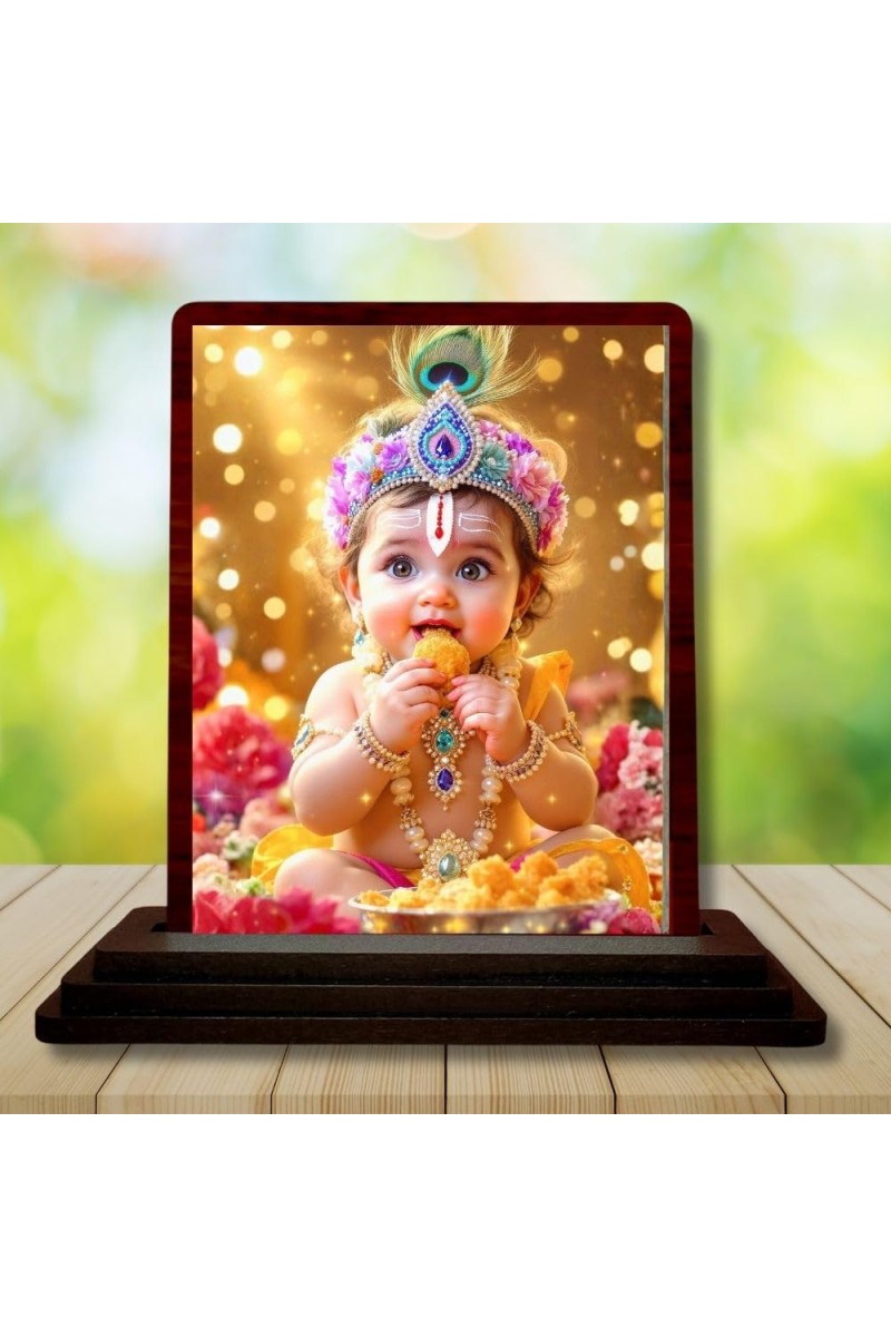Car Desk/Table Top Lord Little Krishna Wooden Photo Stand 3x4 Inches, Compact & Stylish Spiritual Display For Car, Home & Office (Pack Of 1) (F14231)