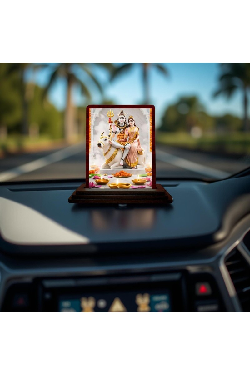 Car Desk/Table Top Lord Shiva And Parvathi Wooden Photo Stand 3x4 Inches, Compact & Stylish Spiritual Display For Car, Home & Office (Pack Of 1) (F14328)