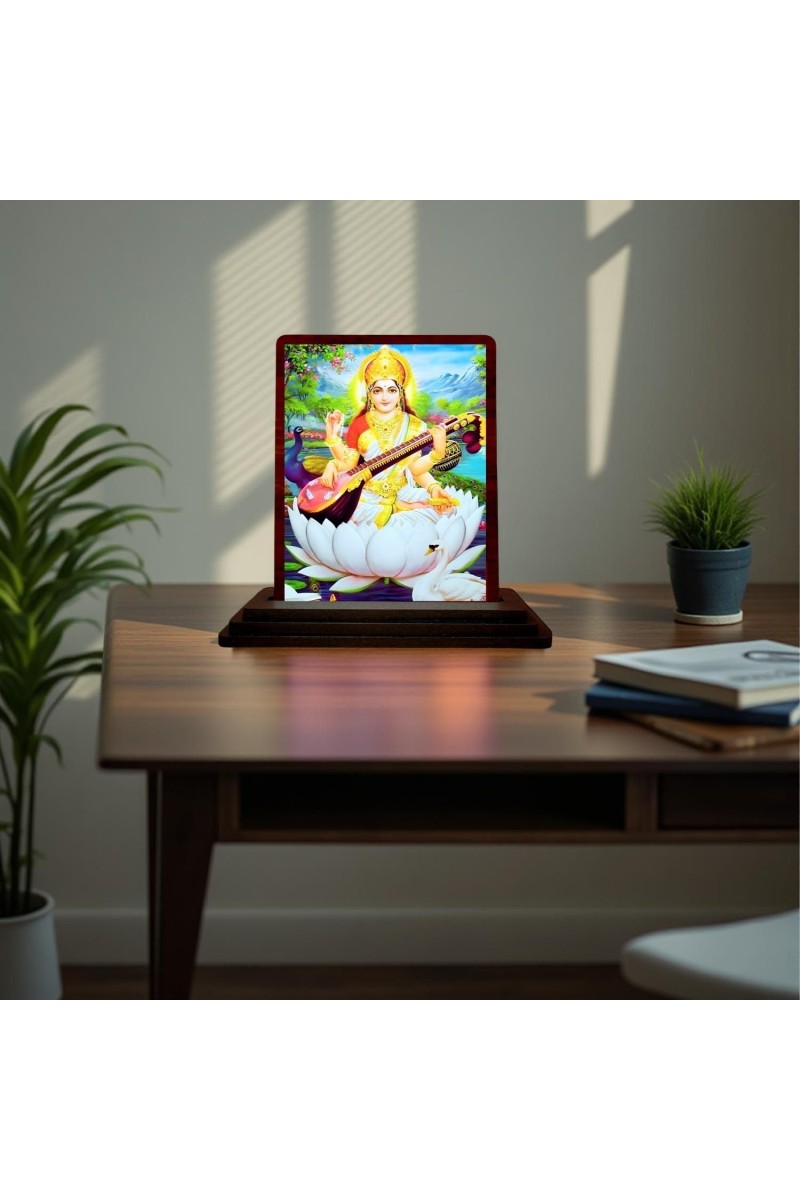 Car Desk/Table Top Maa Sarswati Wooden Photo Stand 3x4 Inches, Compact & Stylish Spiritual Display For Car, Home & Office (Pack Of 1) (F15055)