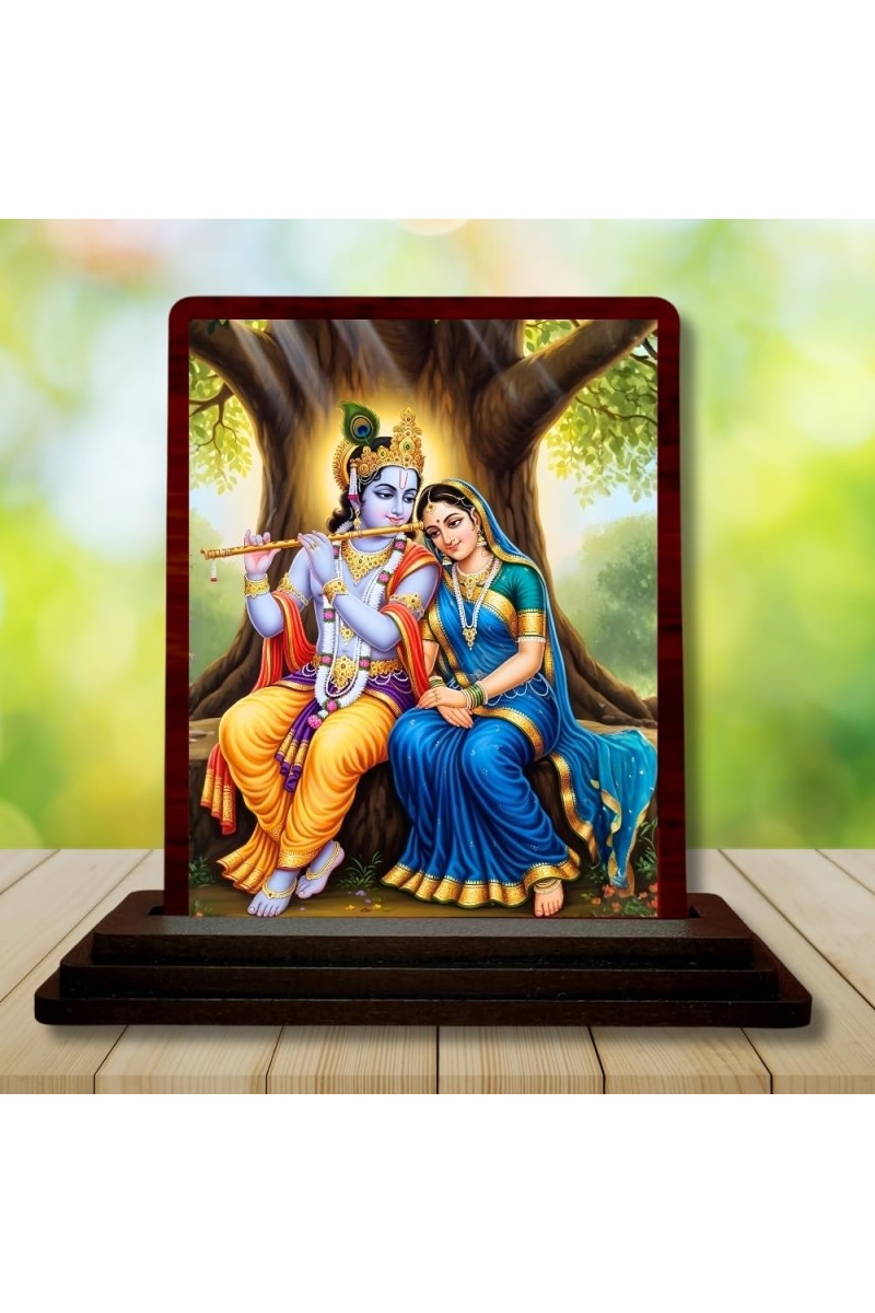 Car Desk/Table Top Lord Radha Krishna Wooden Photo Stand 3x4 Inches, Compact & Stylish Spiritual Display For Car, Home & Office (Pack Of 1) (F15172)