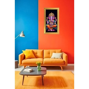 Lord Ganesh Digital Golden Color Photo Frame | Hindu Religious Wall Decor | 8x15 Inches - Inspirational Wall Art For Office, Home Decor - Ideal Spiritual Gift (F10333)