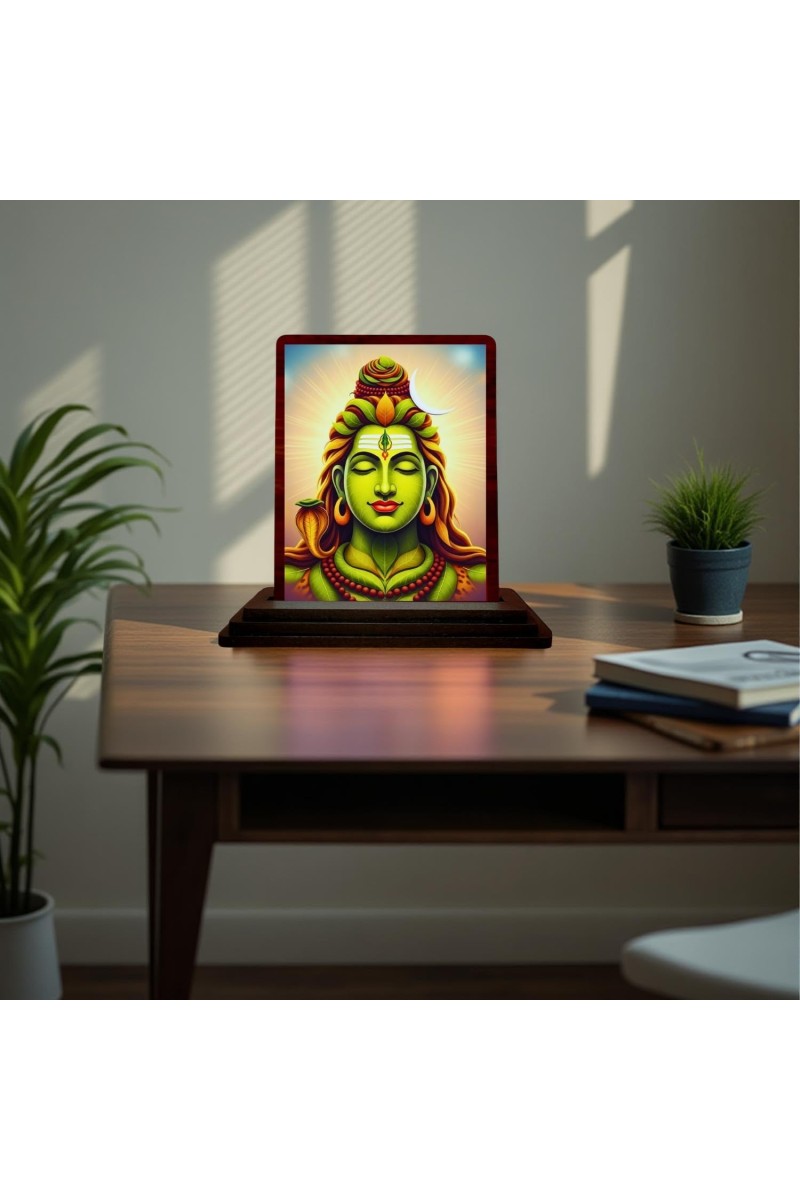 Car Desk/Table Top Lord Shiva Wooden Photo Stand 3x4 Inches, Compact & Stylish Spiritual Display For Car, Home & Office (Pack Of 1) (F15099)
