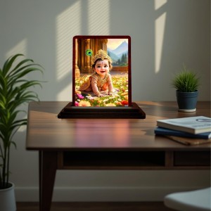Car Desk/Table Top Lord Krishna Wooden Photo Stand 3x4 Inches, Compact & Stylish Spiritual Display For Car, Home & Office (Pack Of 1) (F14480)