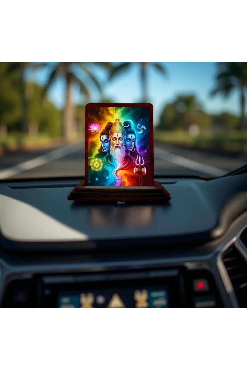 Car Desk/Table Top Bramha Vishnu Shiva Wooden Photo Stand 3x4 Inches, Compact & Stylish Spiritual Display For Car, Home & Office (Pack Of 1) (F14162)