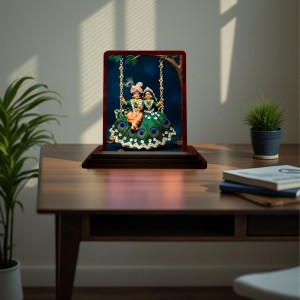 Car Desk/Table Top Radha Krishna Wooden Photo Stand 3x4 Inches, Compact & Stylish Spiritual Display For Car, Home & Office (Pack Of 1) (F14522)
