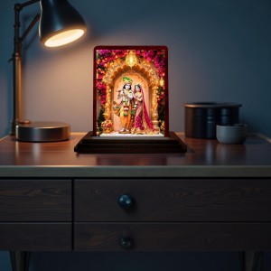 Car Desk/Table Top Radha Krishna Wooden Photo Stand 3x4 Inches, Compact & Stylish Spiritual Display For Car, Home & Office (Pack Of 1) (F14365)