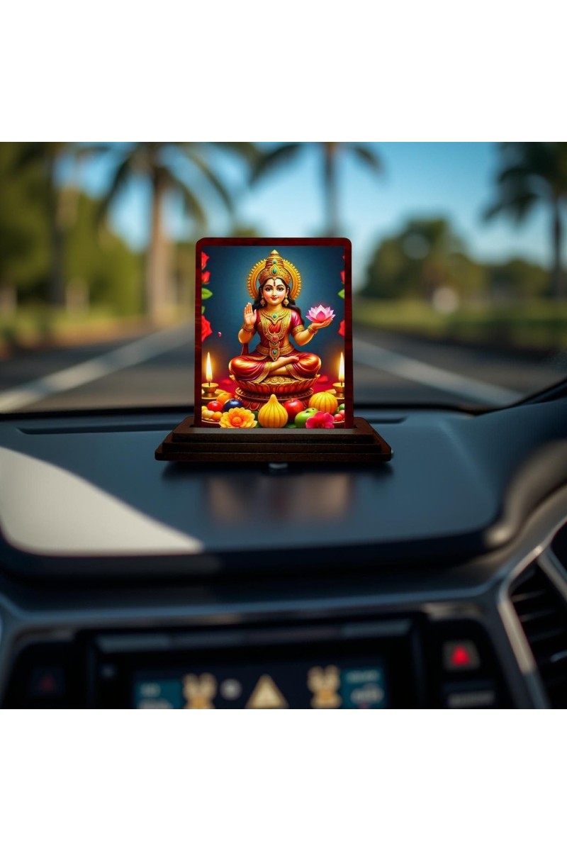 Car Desk/Table Top Maha Lakshmi Wooden Photo Stand 3x4 Inches, Compact & Stylish Spiritual Display For Car, Home & Office (Pack Of 1) (F14161)