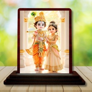 Car Desk/Table Top Radha Krishna Wooden Photo Stand 3x4 Inches, Compact & Stylish Spiritual Display For Car, Home & Office (Pack Of 1) (F14512)