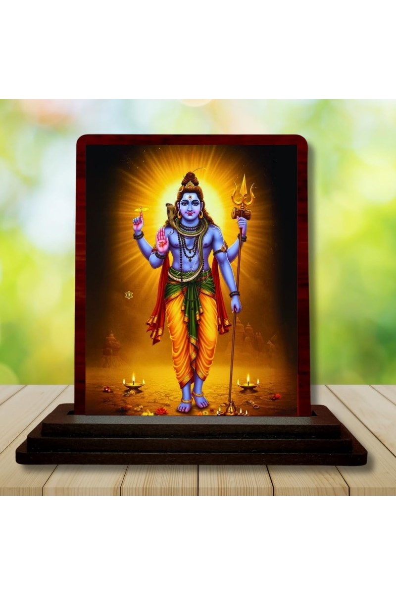 Car Desk/Table Top Lord Shiva Wooden Photo Stand 3x4 Inches, Compact & Stylish Spiritual Display For Car, Home & Office (Pack Of 1) (F15105)