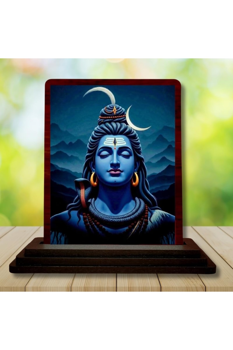 Car Desk/Table Top Lord Shiva Wooden Photo Stand 3x4 Inches, Compact & Stylish Spiritual Display For Car, Home & Office (Pack Of 1) (F15154)