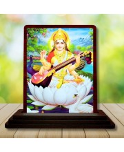 Car Desk/Table Top Goddess Saraswathi Wooden Photo Stand 3x4 Inches, Compact & Stylish Spiritual Display For Car, Home & Office (Pack Of 1) (F14137)
